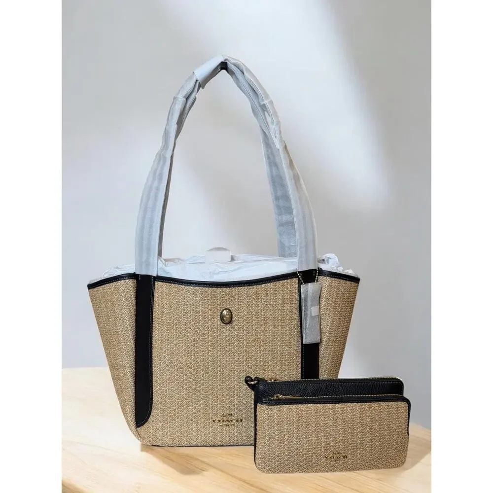 NWT Coach CAL87 Straw Hadley Turnlock Tote & CAP25 Straw Double Zip Wristlet - Picture 2 of 13